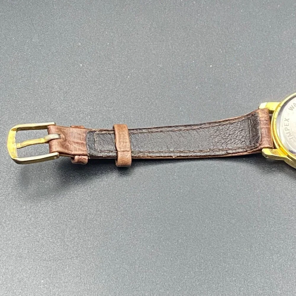 Quartex Delta Impex Womens Watch Gold Tone Case Brown Leather Band New Battery